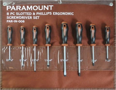 Paramount - 8 Piece Slotted, Phillips & Cabinet Screwdriver Set - Blade Sizes: Width 3/16, 1/4 & 5/16, Bit Sizes: Philips #0 to #3 - All Tool & Supply