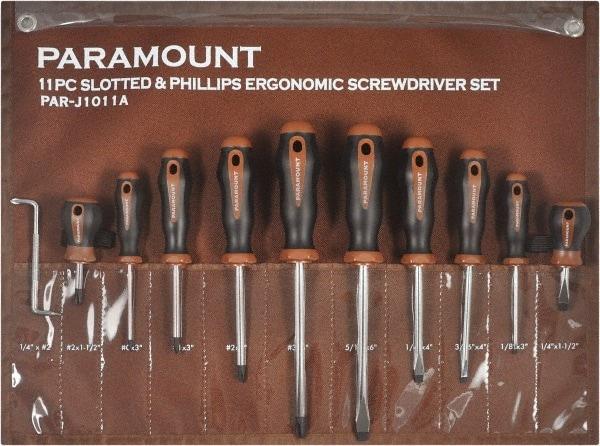 Paramount - 11 Piece Slotted, Phillips, Cabinet & Offset Screwdriver Set - Bit Sizes: Philips #0 to #3 - All Tool & Supply