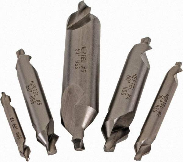 Hertel - #1 to 5, 1/8 to 7/16" Body Diam, 1/8" Point Diam, Plain Edge, High Speed Steel Combo Drill & Countersink Set - 0.0469 to 0.1875" Point Length, 1/8 to 2-3/4" OAL, Double End, Hertel Series Compatibility - All Tool & Supply