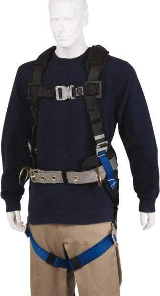 PRO-SAFE - 350 Lb Capacity, Size Universal, Full Body Construction Safety Harness - Polyester, Side D-Ring, Quick Connect Leg Strap, Quick Connect Chest Strap, Black/Blue - All Tool & Supply