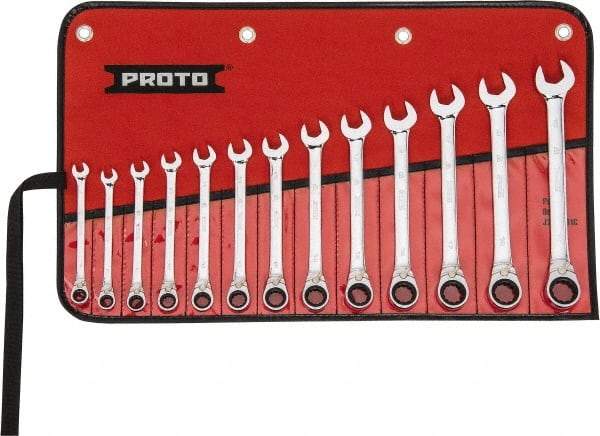 Proto - 13 Piece, 7mm to 19mm, 12 Point Reversible Ratcheting Combination Wrench Set - Metric Measurement Standard, Full Polish Chrome Finish, Comes in Tool Roll - All Tool & Supply