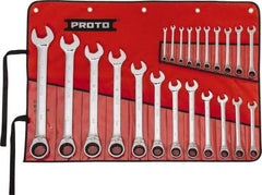 Proto - 22 Piece, 6mm to 36mm, 12 Point Reversible Ratcheting Combination Wrench Set - Metric Measurement Standard, Full Polish Chrome Finish, Comes in Tool Roll - All Tool & Supply