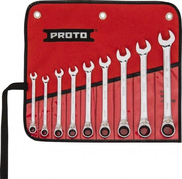 Proto - 9 Piece, 9/32" to 3/4", 12 Point Reversible Ratcheting Combination Wrench Set - Inch Measurement Standard, Full Polish Chrome Finish, Comes in Tool Roll - All Tool & Supply