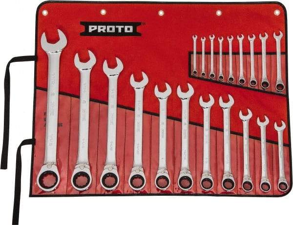 Proto - 20 Piece, 7/32" to 1-1/2", 12 Point Reversible Ratcheting Combination Wrench Set - Inch Measurement Standard, Full Polish Chrome Finish, Comes in Tool Roll - All Tool & Supply