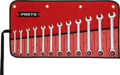 Proto - 12 Piece, 8mm to 19mm, 12 Point Ratcheting Combination Wrench Set - Metric Measurement Standard, Full Polish Chrome Finish, Comes in Tool Roll - All Tool & Supply