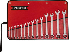 Proto - 14 Piece, 1/4" to 1", 12 Point Ratcheting Combination Wrench Set - Inch Measurement Standard, Full Polish Chrome Finish, Comes in Tool Roll - All Tool & Supply