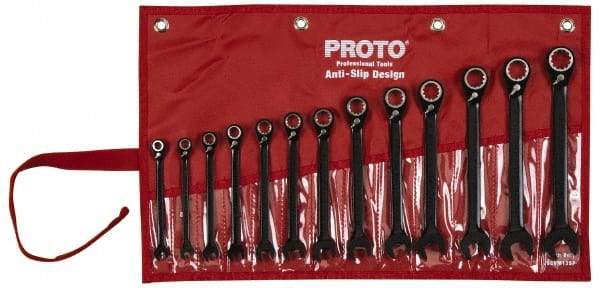 Proto - 13 Piece, 7mm to 19mm, 12 Point Short Ratcheting Reversible Combination Spline Wrench Set - Metric Measurement Standard, Black/Chrome Finish, Comes in Tool Roll - All Tool & Supply