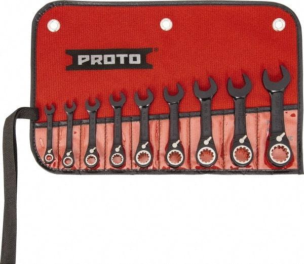 Proto - 9 Piece, 1/4" to 3/4", 12 Point Short Ratcheting Reversible Combination Spline Wrench Set - Inch Measurement Standard, Black/Chrome Finish, Comes in Tool Roll - All Tool & Supply