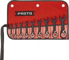 Proto - 9 Piece, 1/4" to 3/4", 12 Point Short Ratcheting Reversible Combination Spline Wrench Set - Inch Measurement Standard, Black/Chrome Finish, Comes in Tool Roll - All Tool & Supply