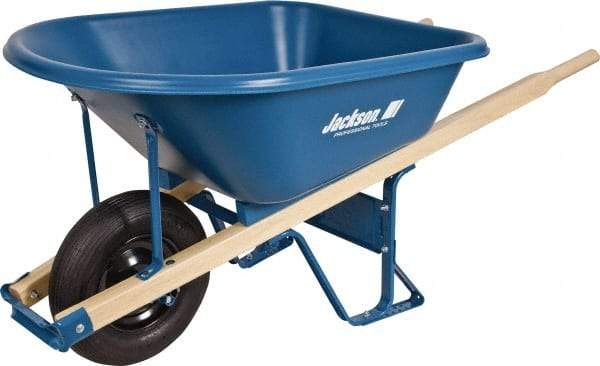 Jackson Professional Tools - 5.75 Cu Ft Capacity Wheelbarrow with 16" Pneumatic Wheel - Wood Handle, 59-1/4" Long x 29-1/2" Wide x 27-1/4" High, Blue - All Tool & Supply