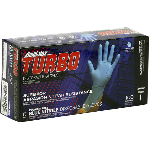 ‎63-332PF/S Disposable Gloves - Ambi-Dex Turbo Disposable Nitrile - 5 mil Blue - Powder Free - Text Grip - Exact Industrial Supply