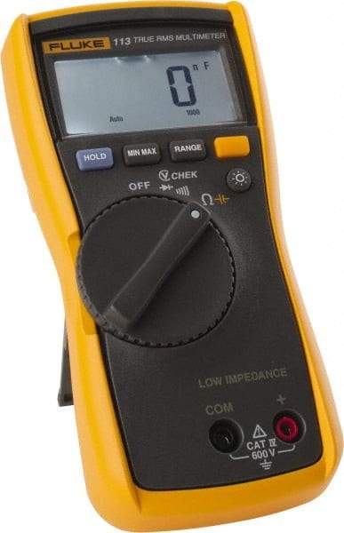 Fluke - 113, CAT IV, 600 VAC/VDC, Digital True RMS Auto Ranging Manual Ranging Multimeter - 60,000 Ohm, Measures Voltage, Resistance - All Tool & Supply