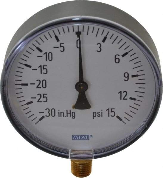 Wika - 4" Dial, 1/4 Thread, 30-0-15 Scale Range, Pressure Gauge - Lower Connection Mount, Accurate to 3-2-3% of Scale - All Tool & Supply