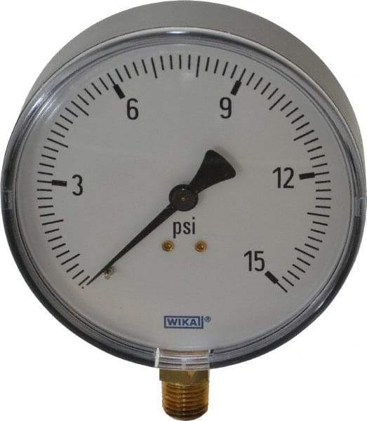 Wika - 4" Dial, 1/4 Thread, 0-15 Scale Range, Pressure Gauge - Lower Connection Mount, Accurate to 3-2-3% of Scale - All Tool & Supply