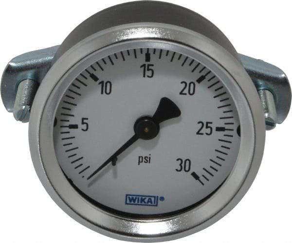 Wika - 2" Dial, 1/4 Thread, 0-30 Scale Range, Pressure Gauge - U-Clamp Panel Mount, Center Back Connection Mount, Accurate to 3-2-3% of Scale - All Tool & Supply