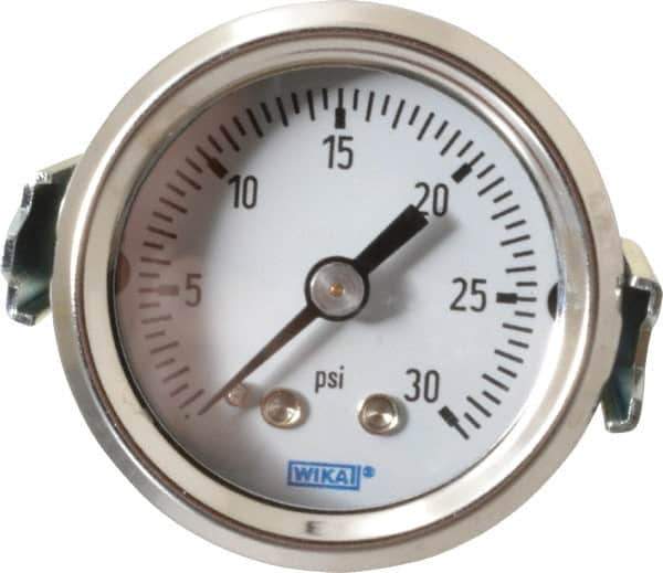 Wika - 1-1/2" Dial, 1/8 Thread, 0-30 Scale Range, Pressure Gauge - U-Clamp Panel Mount, Center Back Connection Mount, Accurate to 3-2-3% of Scale - All Tool & Supply