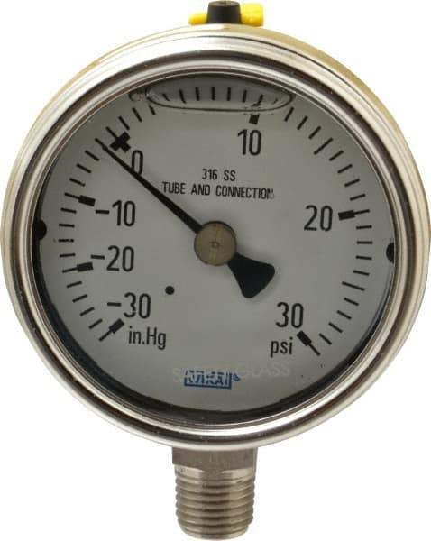 Wika - 2-1/2" Dial, 1/4 Thread, 30-0-30 Scale Range, Pressure Gauge - Lower Connection Mount, Accurate to 2-1-2% of Scale - All Tool & Supply