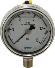 Wika - 2-1/2" Dial, 1/4 Thread, 0-15 Scale Range, Pressure Gauge - Lower Connection Mount, Accurate to 2-1-2% of Scale - All Tool & Supply