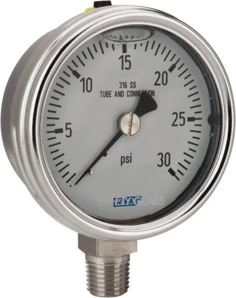 Wika - 2-1/2" Dial, 1/4 Thread, 0-30 Scale Range, Pressure Gauge - Lower Connection Mount, Accurate to 2-1-2% of Scale - All Tool & Supply