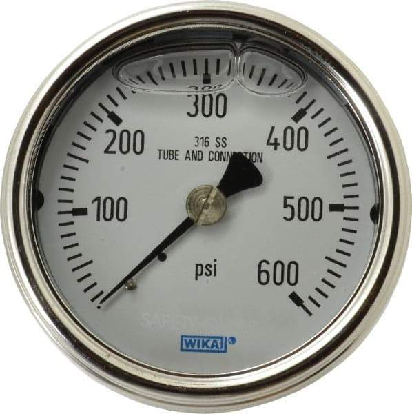 Wika - 2-1/2" Dial, 1/4 Thread, 0-600 Scale Range, Pressure Gauge - Center Back Connection Mount, Accurate to 2-1-2% of Scale - All Tool & Supply