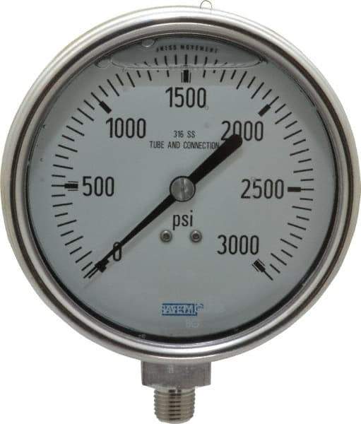 Wika - 4" Dial, 1/4 Thread, 0-3,000 Scale Range, Pressure Gauge - Lower Connection Mount, Accurate to 1% of Scale - All Tool & Supply