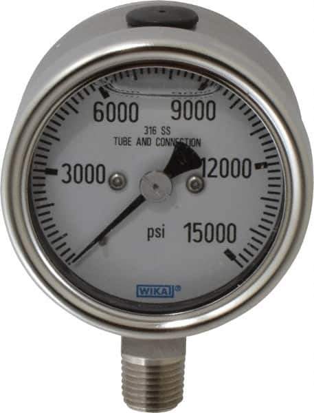 Wika - 2-1/2" Dial, 1/4 Thread, 0-15,000 Scale Range, Pressure Gauge - Lower Connection Mount, Accurate to 2-1-2% of Scale - All Tool & Supply