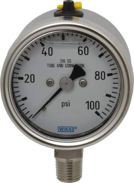 Wika - 2-1/2" Dial, 1/4 Thread, 100 Scale Range, Pressure Gauge - Lower Connection Mount, Accurate to 2-1-2% of Scale - All Tool & Supply