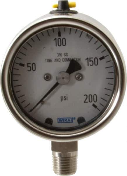 Wika - 2-1/2" Dial, 1/4 Thread, 200 Scale Range, Pressure Gauge - Lower Connection Mount, Accurate to 2-1-2% of Scale - All Tool & Supply