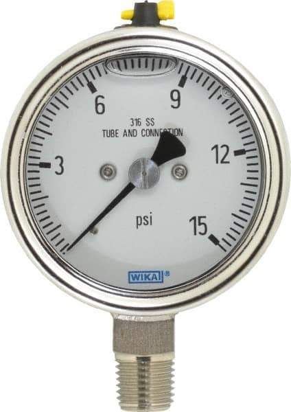 Wika - 2-1/2" Dial, 1/4 Thread, 15 Scale Range, Pressure Gauge - Lower Connection Mount, Accurate to 2-1-2% of Scale - All Tool & Supply