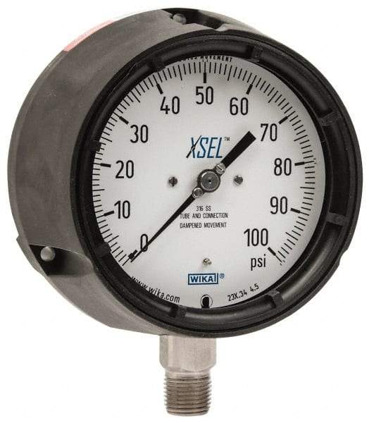 Wika - 4-1/2" Dial, 1/2 Thread, 0-100 Scale Range, Pressure Gauge - Lower Connection Mount, Accurate to 0.5% of Scale - All Tool & Supply