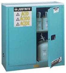 Justrite - 2 Door, 1 Shelf, Blue Steel Standard Safety Cabinet for Corrosive Chemicals - 44" High x 43" Wide x 18" Deep, Manual Closing Door, 3 Point Key Lock, 30 Gal Capacity - All Tool & Supply