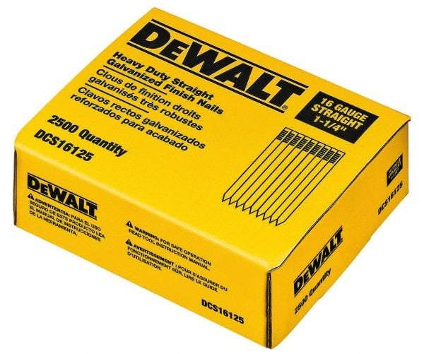 DeWALT - 16 Gauge 1-1/4" Long Finishing Nails for Power Nailers - Grade 2 Steel, Galvanized Finish, Straight Stick Collation - All Tool & Supply