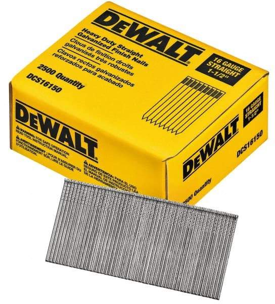 DeWALT - 16 Gauge 1-1/2" Long Finishing Nails for Power Nailers - Grade 2 Steel, Galvanized Finish, Straight Stick Collation - All Tool & Supply