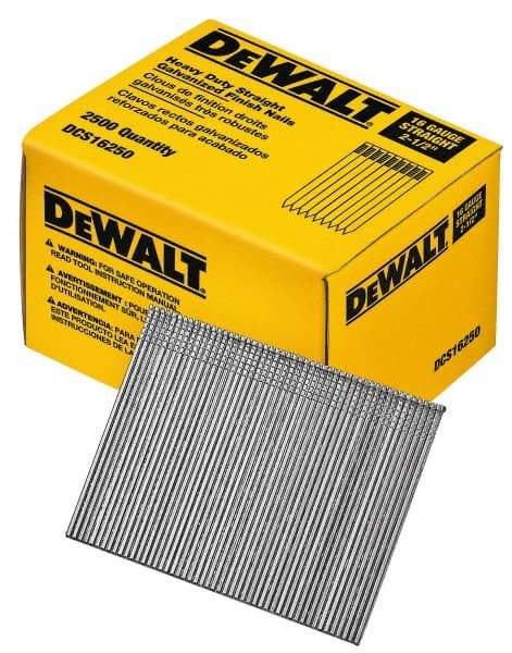 DeWALT - 16 Gauge 2-1/2" Long Finishing Nails for Power Nailers - Grade 2 Steel, Galvanized Finish, Straight Stick Collation - All Tool & Supply