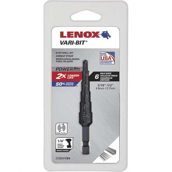 Lenox - 6 Hole Sizes, 3/16 to 1/2" Hole Diam High Speed Steel Split Point Step Drill Bit - All Tool & Supply