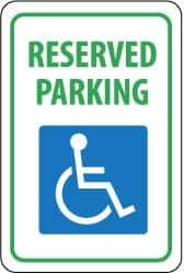 NMC - "Reserved Parking", "Handicapped Symbol", 12" Wide x 18" High, Aluminum ADA Signs - 0.063" Thick, Green & Blue on White, Rectangle, Post Mount - All Tool & Supply