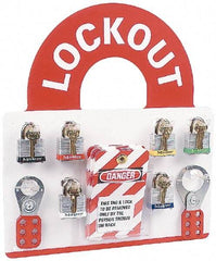 NMC - 10 Piece, Equipped Plexiglass Tag and Padlock / Hasp Station - 14 Inch Wide x 15-1/2 Inch High, White and White on Red - All Tool & Supply