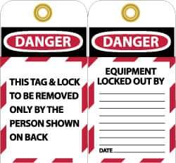 NMC - 3" High x 6" Long, DANGER - THIS TAG & LOCK TO BE REMOVED ONLY BY THE PERSON SHOWN ON BACK, English Safety & Facility Lockout Tag - Tag Header: Danger, 2 Sides, Black, Red & White Unrippable Vinyl - All Tool & Supply