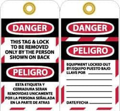 NMC - 3" High x 6" Long, DANGER - THIS TAG & LOCK TO BE REMOVED ONLY BY THE PERSON SHOWN ON BACK, English & Spanish Safety & Facility Lockout Tag - Tag Header: Danger, 2 Sides, Black, Red & White Unrippable Vinyl - All Tool & Supply