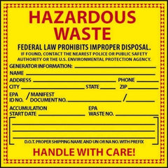 NMC - Hazardous Materials Label - Legend: Hazardous Waste - Federal Law Prohibits Improper Disposal, English, Red & Black & Yellow, 6" Long x 6" High, Sign Muscle Finish - All Tool & Supply