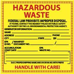 NMC - Hazardous Materials Label - Legend: Hazardous Waste - Federal Law Prohibits Improper Disposal, English, Red & Black & Yellow, 6" Long x 6" High, Sign Muscle Finish - All Tool & Supply