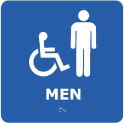 NMC - Men, 8" Wide x 8" High, Plastic Sign - English, Braille, White on Blue, Wall Mount - All Tool & Supply