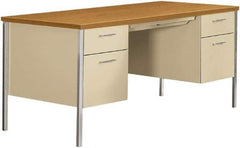 Hon - Woodgrain Laminate/Metal Double Pedestal Desk with Center Drawer - 62-3/4, 60" Wide x 30" Deep x 22-1/2, 29" High, Harvest/Putty - All Tool & Supply