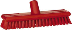 Vikan - 1.3" Bristle Length, Polyester Scrub Brush - 10-3/4" Long x 2-1/2" Wide Head, 11" OAL, European Threaded Handle, Red, Polypropylene Block - All Tool & Supply