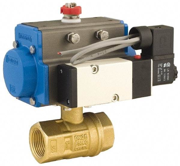 BONOMI - 4" Pipe, 600 psi WOG Rating Brass Pneumatic Spring Return with Solenoid Actuated Ball Valve - PTFE Seal, Full Port, 150 psi WSP Rating, NPT End Connection - All Tool & Supply