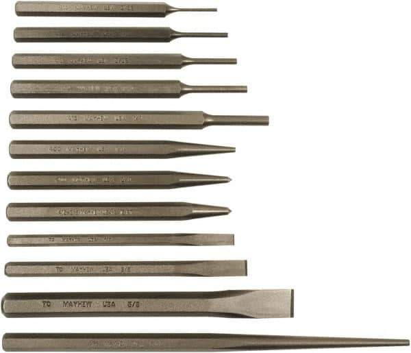 Mayhew - 12 Piece Punch & Chisel Set - 1/4 to 5/8" Chisel, 1/8 to 3/8" Punch, Hex Shank - All Tool & Supply