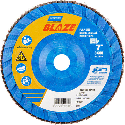 7 × 7/8″ Blaze Plastic Flat Flap Disc Type 27 36 Grit R980P Premium Ceramic Alumina - All Tool & Supply