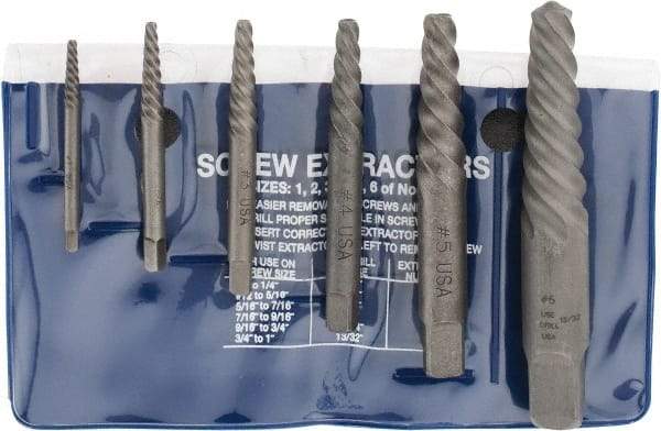 Cleveland - 6 Piece Spiral Flute Screw Extractor Set - Screw Range 3/16 to 1" - All Tool & Supply