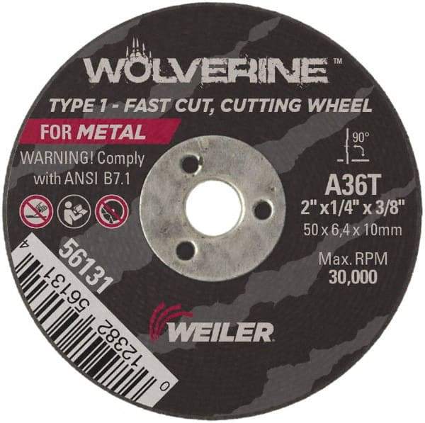 Weiler - 2" Diam x 3/8" Hole x 1/4" Thick, T Hardness, 36 Grit Surface Grinding Wheel - Aluminum Oxide, Type 1, Medium Grade, 30,000 Max RPM, Resinoid Bond - All Tool & Supply