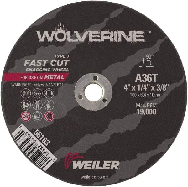 Weiler - 4" Diam x 3/8" Hole x 1/4" Thick, T Hardness, 36 Grit Surface Grinding Wheel - Aluminum Oxide, Type 1, Medium Grade, 19,000 Max RPM, Resinoid Bond - All Tool & Supply